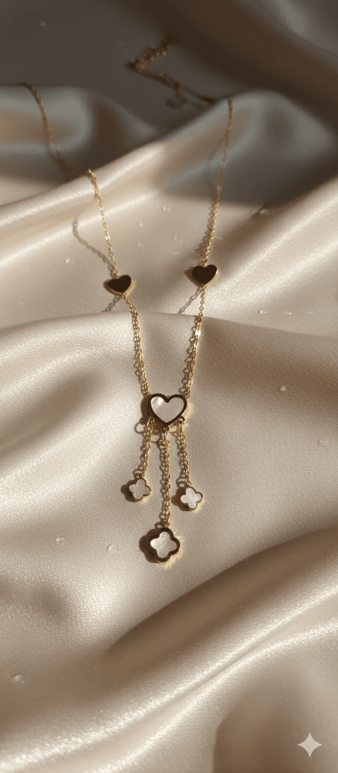 HEART AND CLOVER LINKED NECKCHAIN